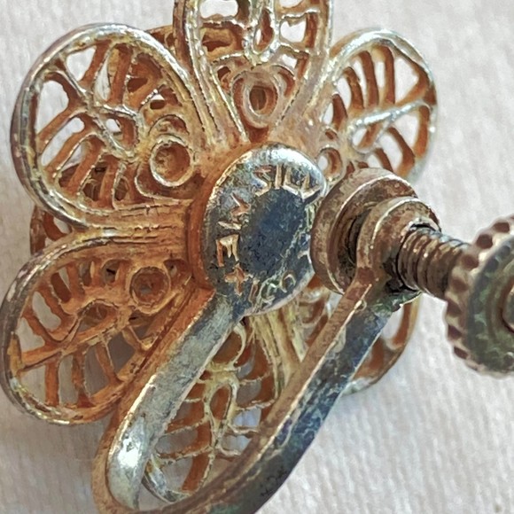 Mexico Sterling Earrings Vintage Flower Filagree Screw Back - Picture 8 of 11